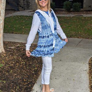 One of a kind Handmade Crocheted Sleeveless Duster Blues White M / L